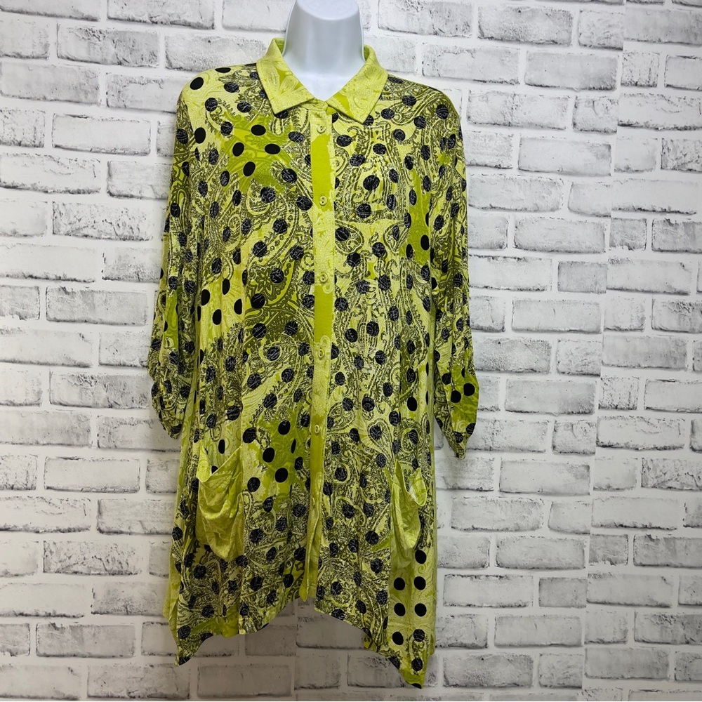Lynn Ritchie Silver Vintage Y2K Button Up Roll Tab Tunic Large